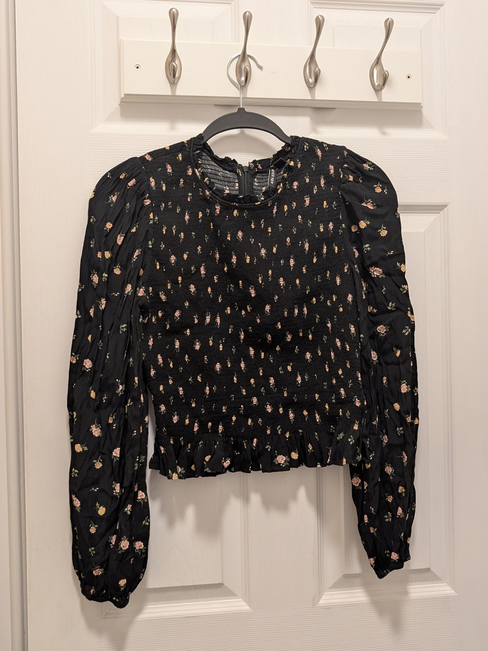 Black Floral Long-Sleeve Smocked Blouse